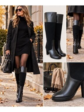 Steven by Steve Madden Leather Suede Knee High Boots Black Quiet Luxury Size 8
